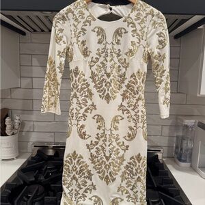 B Darlin Gold Patterned Long Sleeve Dress